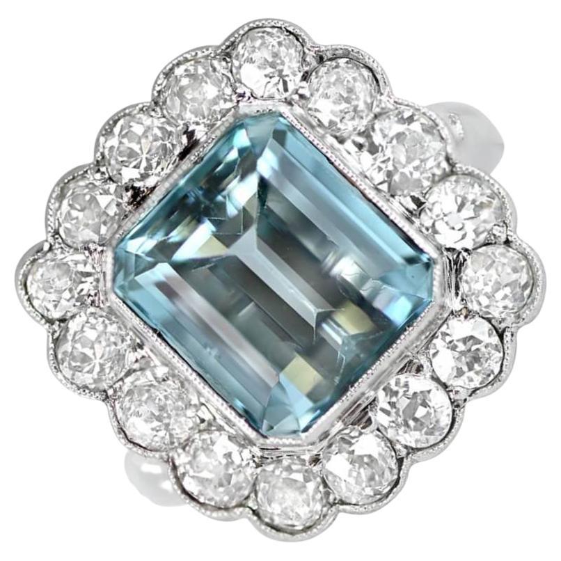 3.50ct Emerald Cut Aquamarine Engagement Ring, Diamond Halo, Platinum