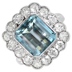 3.50ct Emerald Cut Aquamarine Engagement Ring, Diamond Halo, Platinum