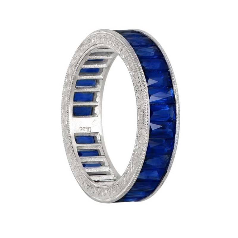 Art Deco 3.50ct French Cut Natural Sapphire Eternity Band Ring, Platinum For Sale
