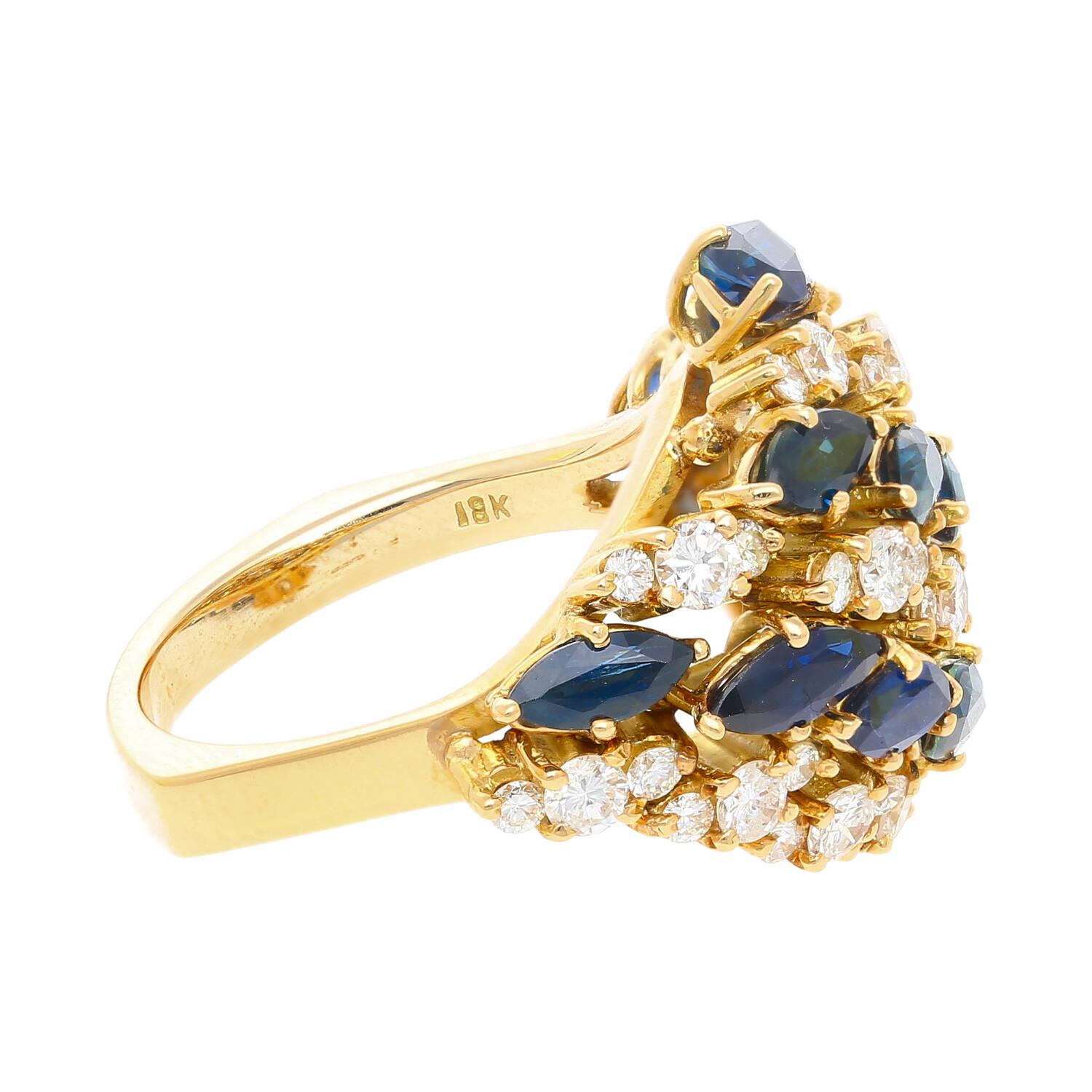 Women's 3.50ct Marquise Cut Blue Sapphire & 1ct Diamond Cluster Ring in 18k Yellow Gold For Sale