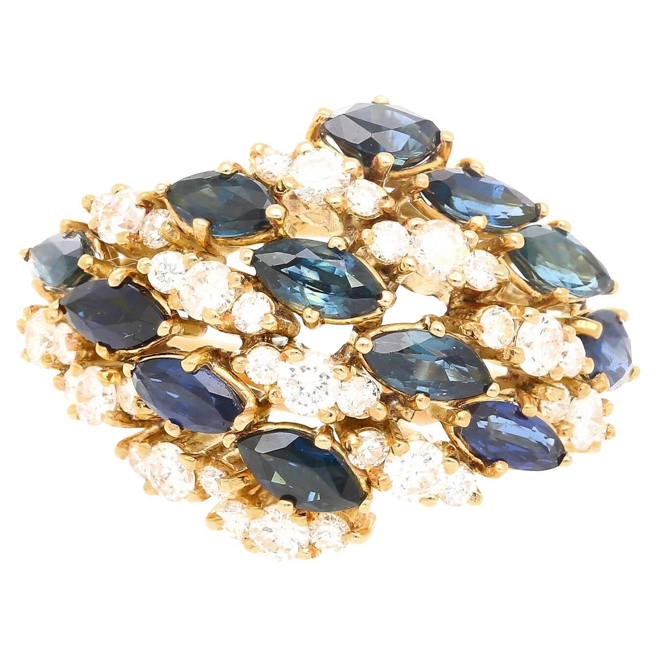 3,50CT Marquise Cut Blauer Saphir & 1CT Diamant-Cluster-Ring aus 18 Karat Gelbgold