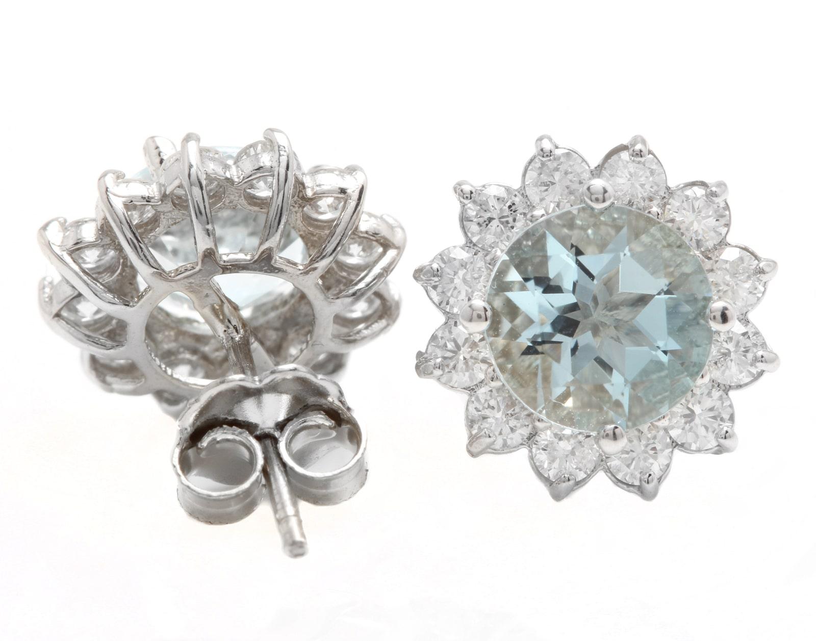 Round Cut 3.50ct Natural Aquamarine and Diamond 14k Solid White Gold Earrings For Sale