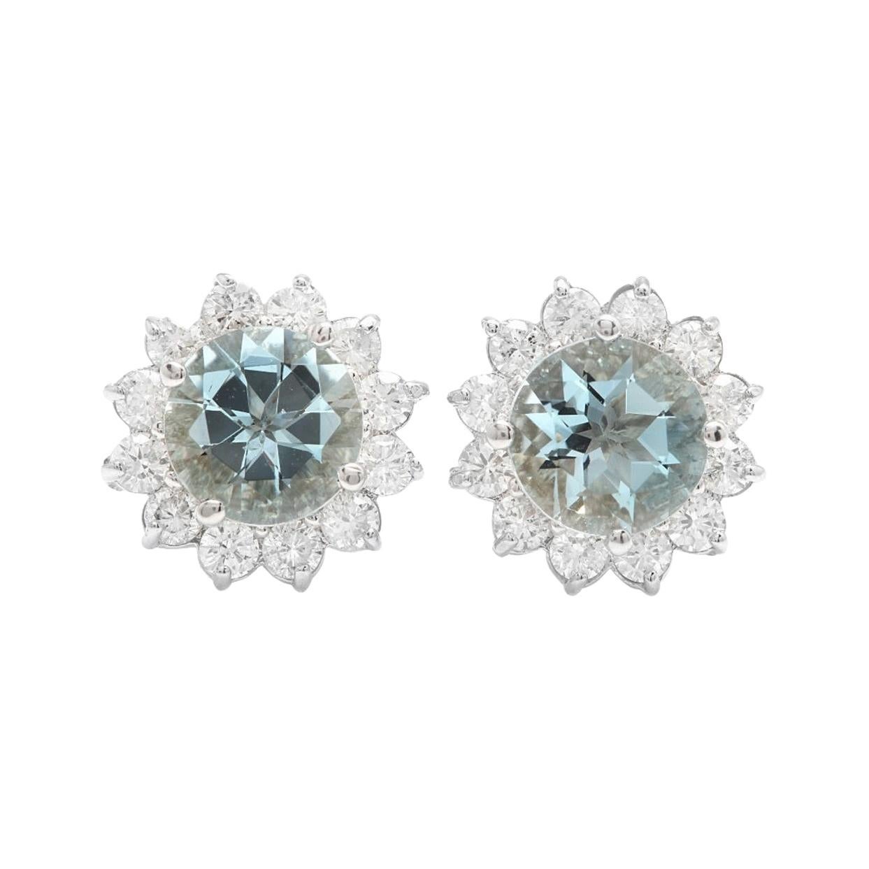3.50ct Natural Aquamarine and Diamond 14k Solid White Gold Earrings For Sale