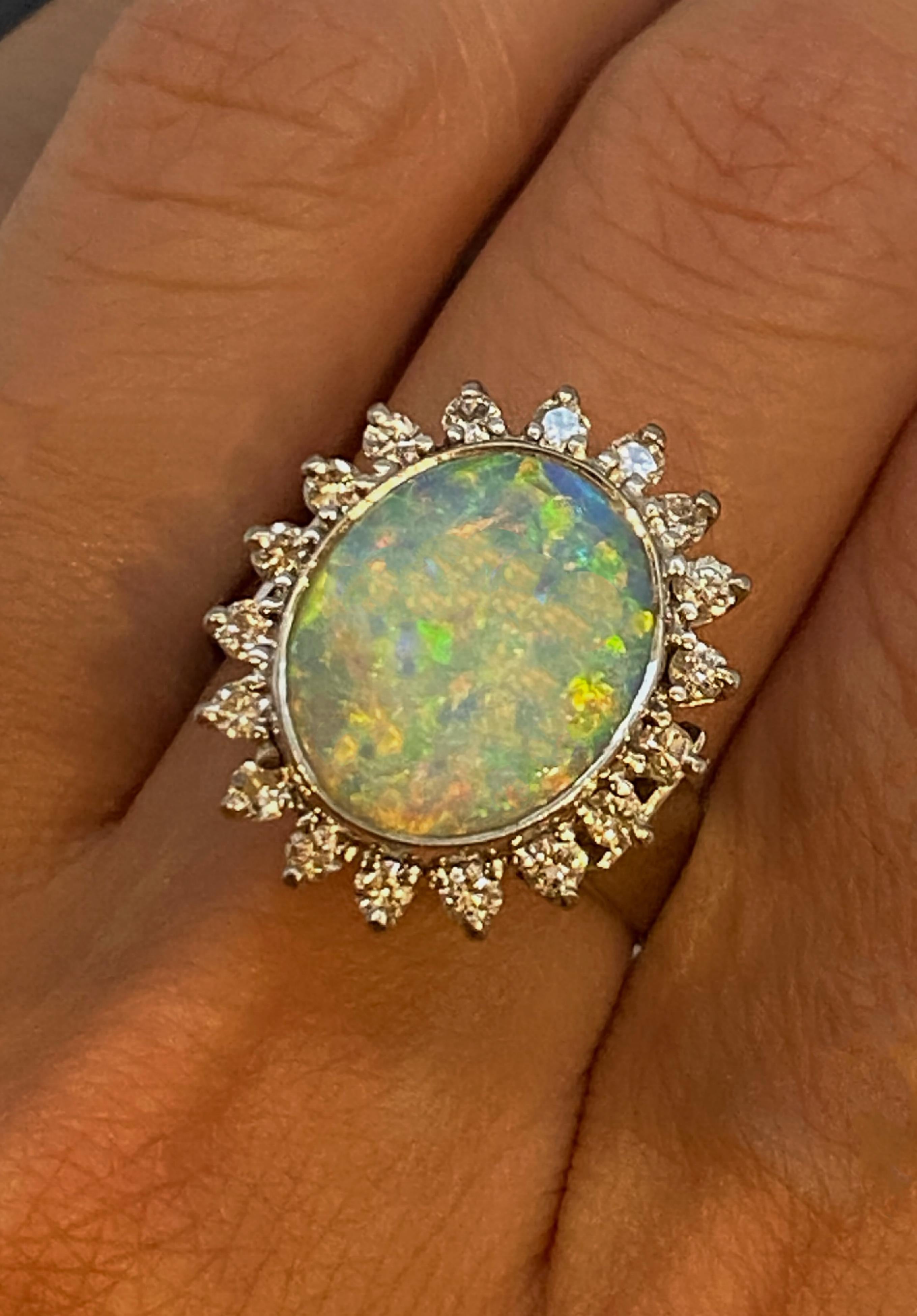 Retro 3.50ct Oval Australian Solid Opal & Diamond 18K White Gold Cocktail Ring For Sale