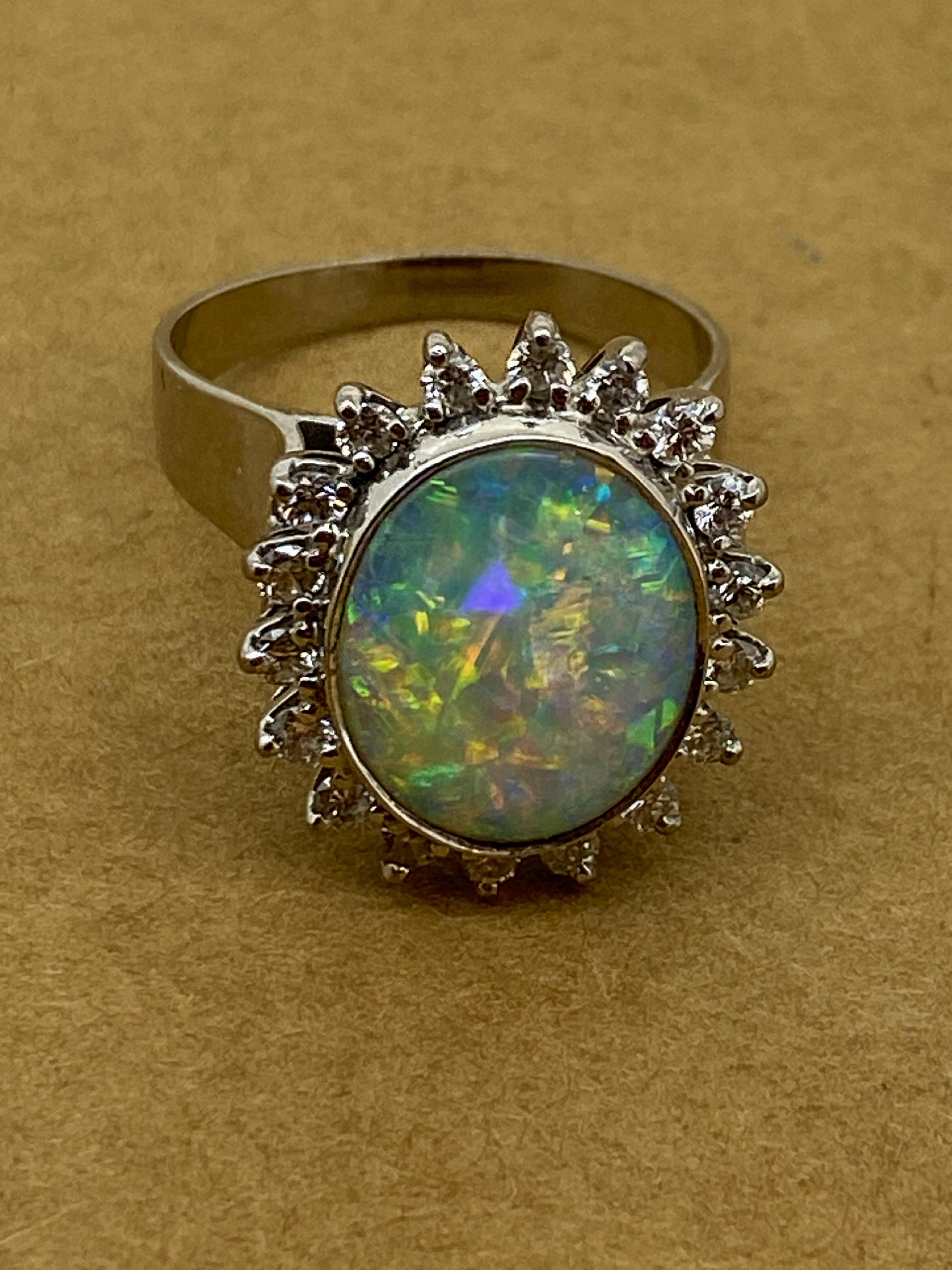 Oval Cut 3.50ct Oval Australian Solid Opal & Diamond 18K White Gold Cocktail Ring For Sale