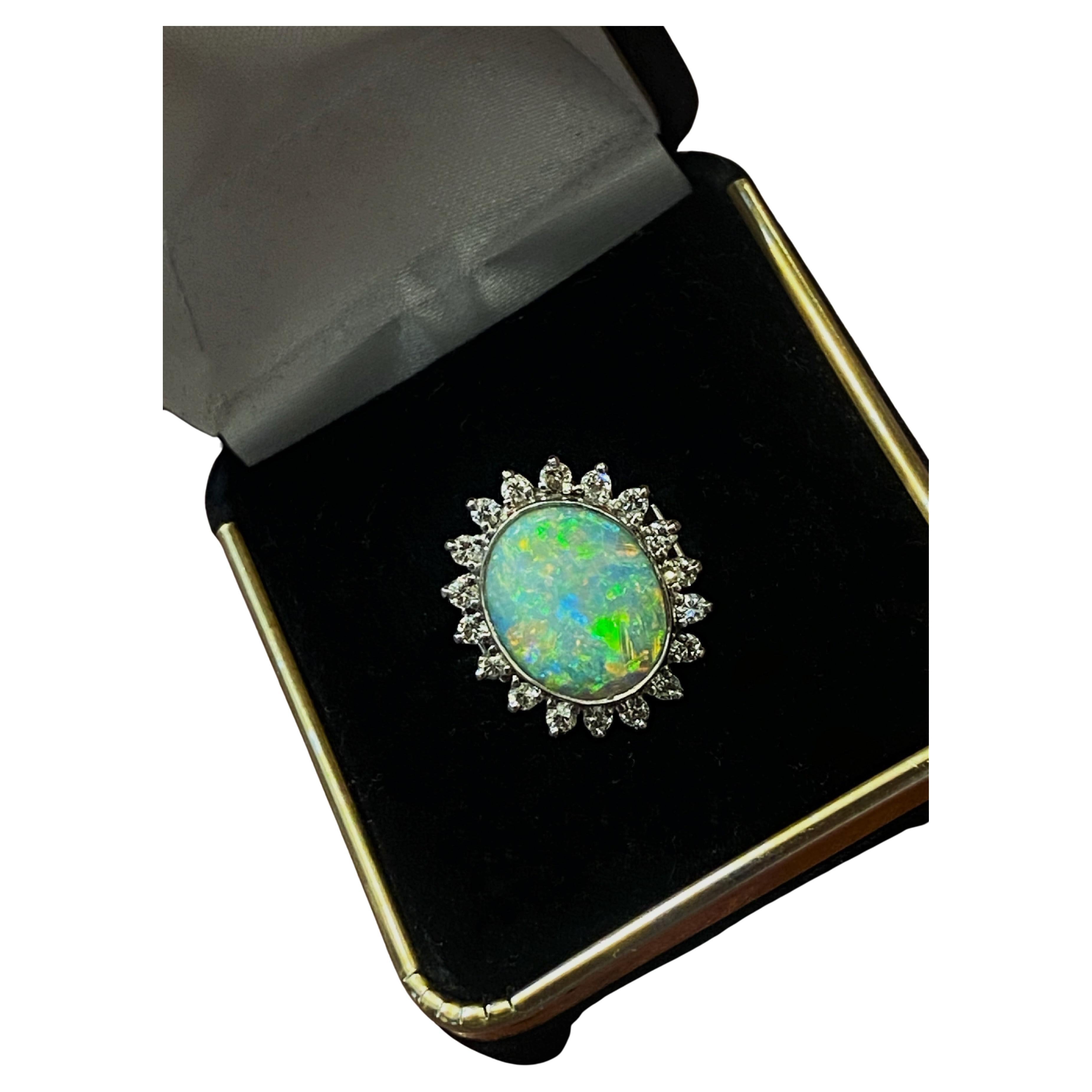 3.50ct Oval Australian Solid Opal & Diamond 18K White Gold Cocktail Ring For Sale
