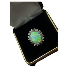 Vintage 3.50ct Oval Australian Solid Opal & Diamond 18K White Gold Cocktail Ring