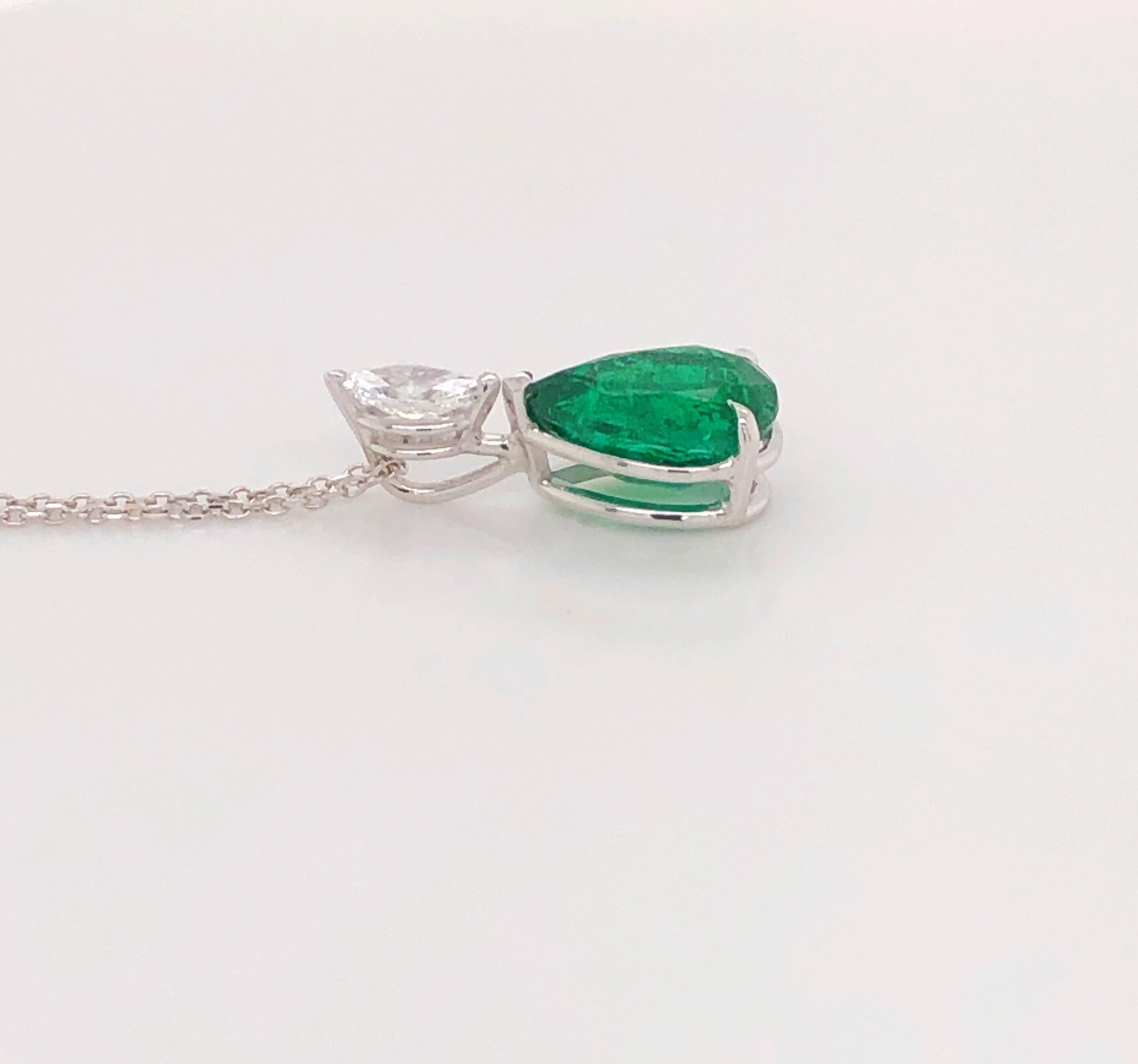 Pear Cut 3.50ct  Pear Shape Natural Emerald & 0.45ct Marquise Shaped Diamond Pendant, 18K