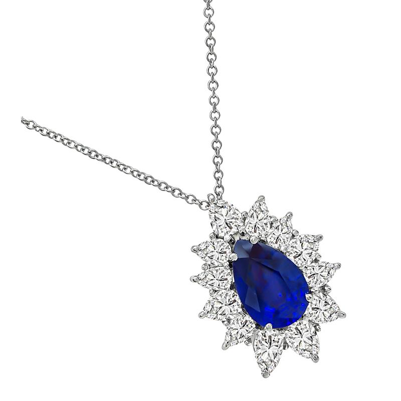 Pear Cut 3.50ct Sapphire 3.00ct Diamond Pendant Necklace For Sale