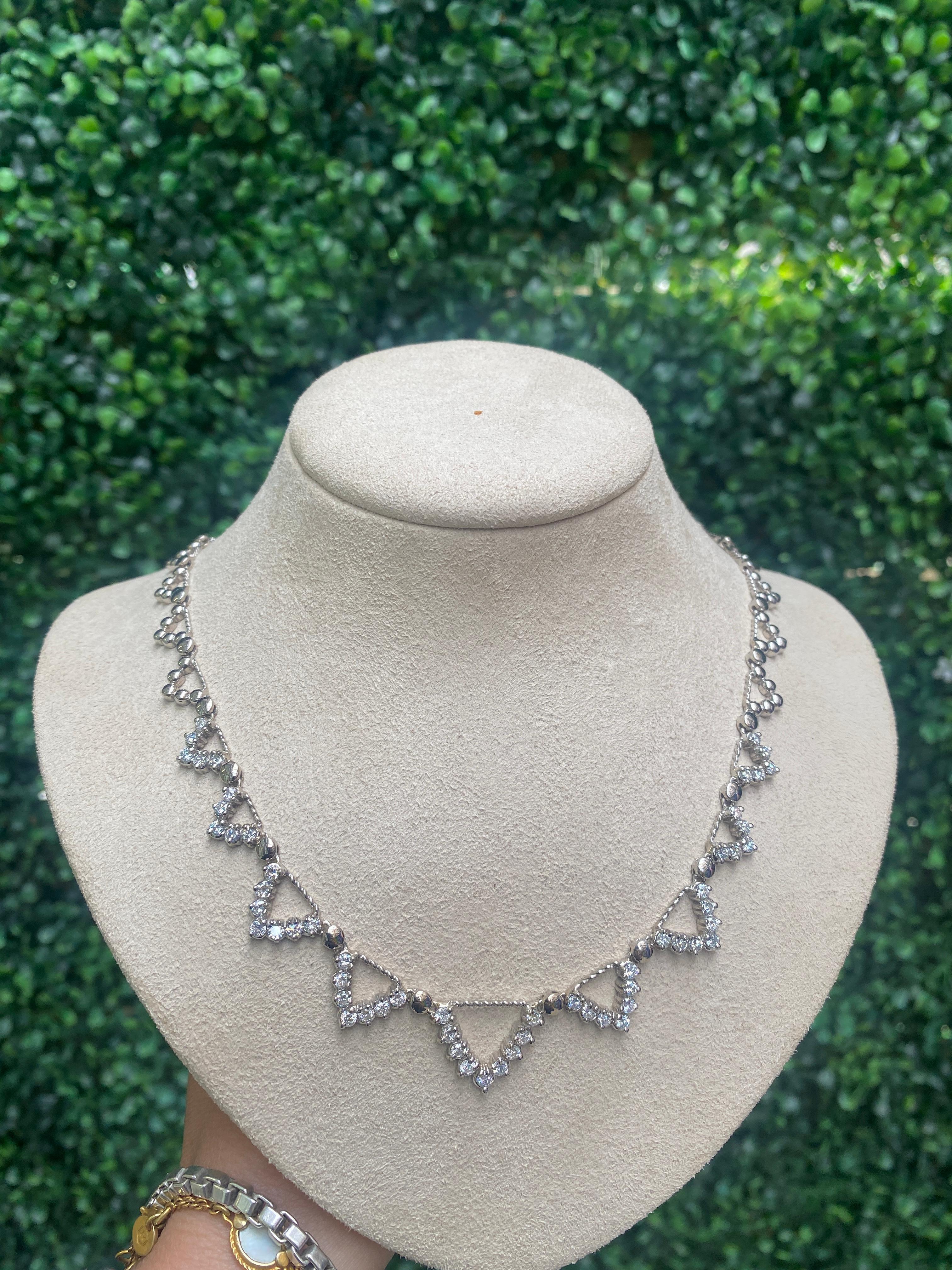 Women's or Men's 3.50ctw Geometric Diamond Beaded Necklace, 14 Karat White Gold For Sale