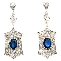 3.50ctw Old European Cut Diamonds 3.10ctw Sapphire Vintage Earrings in Platinum