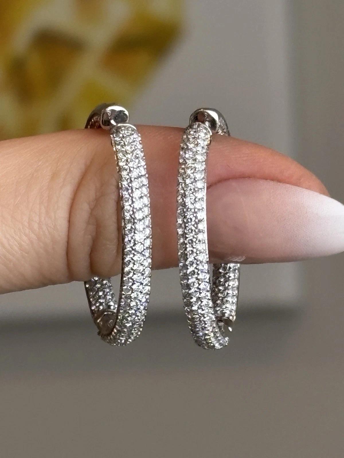 Brilliant Cut 3.50ctw VS G-H Inside-Outside Pave Set 18K White Gold Diamond Hoop Earrings For Sale