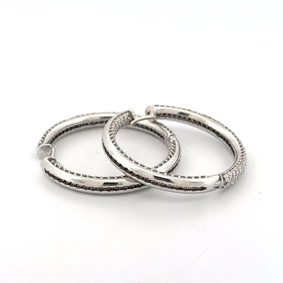3.50ctw VS G-H Inside-Outside Pave Set 18K White Gold Diamond Hoop Earrings In Excellent Condition For Sale In Carmel By The Sea, CA