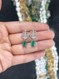 3.50tcw 14K Emerald & Diamond Anchor Dangle Earrings Lush Green Prong Set