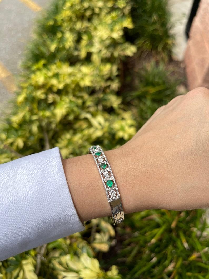 Modern 3.50tcw 18K Emerald & Diamond Cuff Bracelet - Round Cut White Gold 750 For Sale