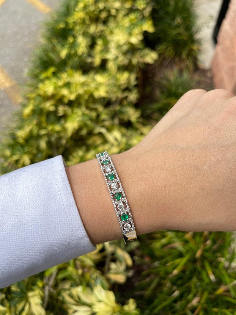 3.50tcw 18K Emerald & Diamond Cuff Bracelet - Round Cut White Gold 750 In New Condition For Sale In Jupiter, FL
