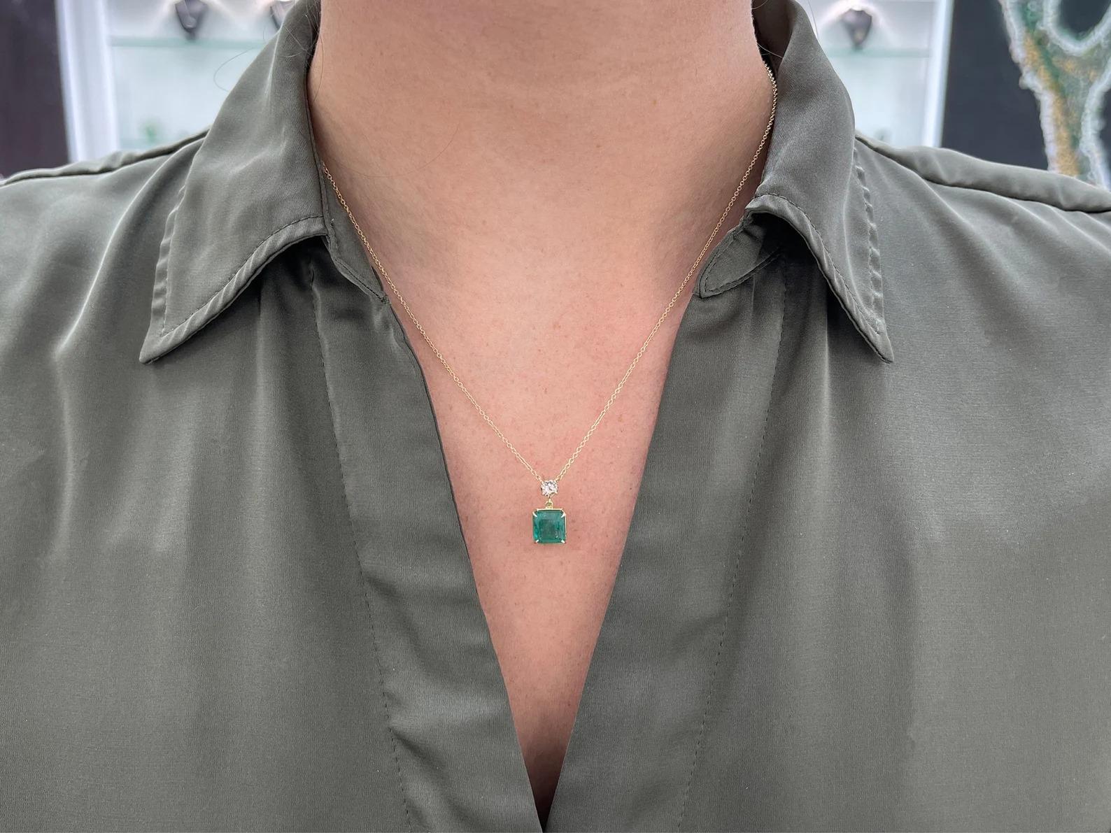 Modern 3.50tcw Emerald-Asscher Cut & Champagne Diamond Accent Gold Dangle Necklace 14K For Sale