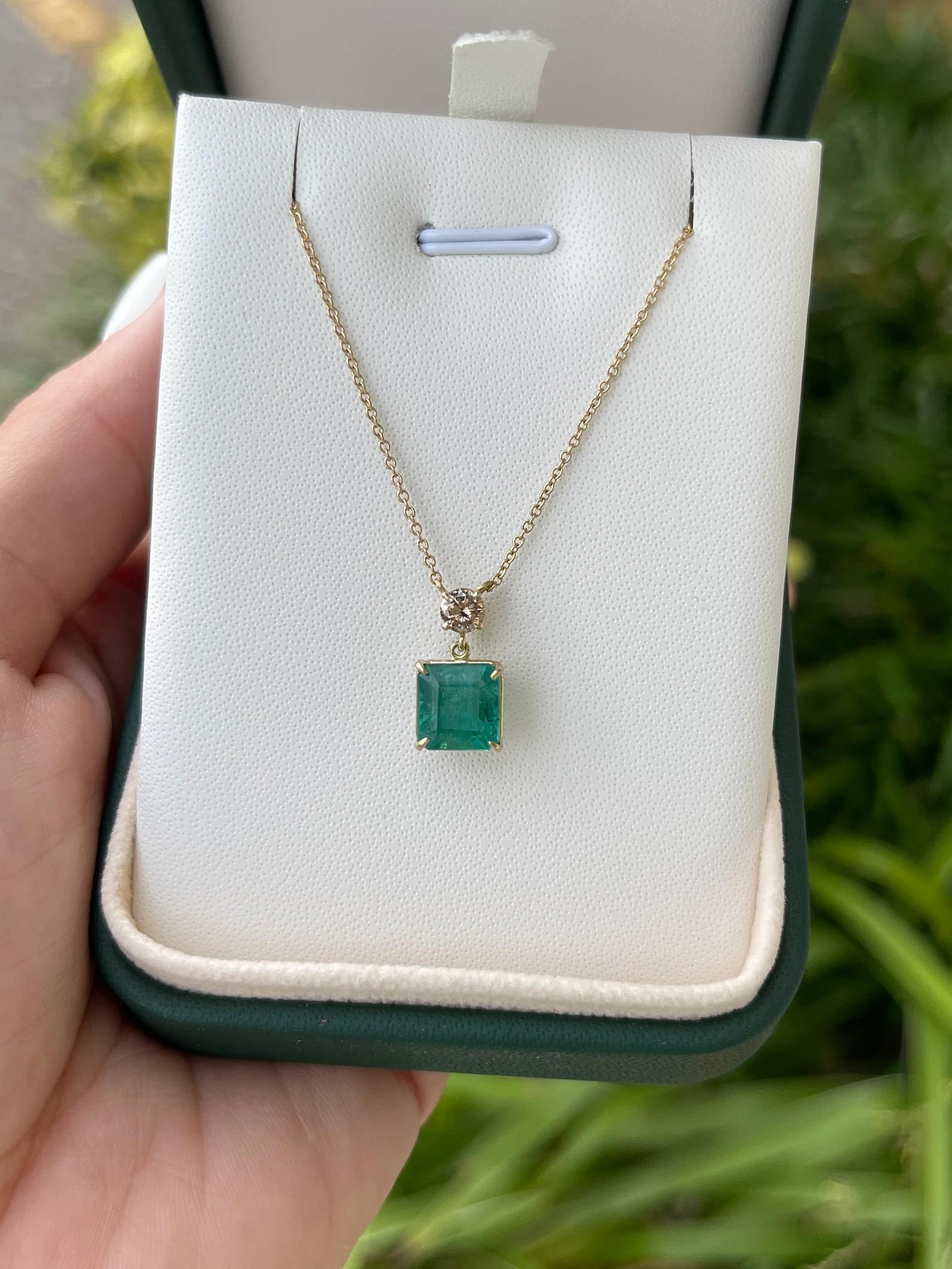 Women's 3.50tcw Emerald-Asscher Cut & Champagne Diamond Accent Gold Dangle Necklace 14K For Sale