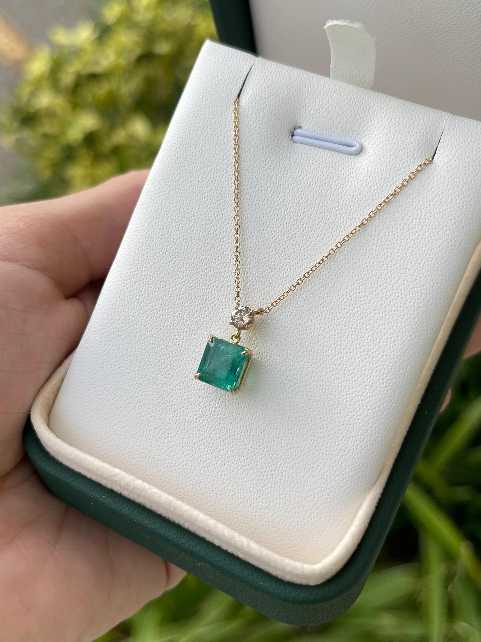 3.50tcw Emerald-Asscher Cut & Champagne Diamond Accent Gold Dangle Necklace 14K For Sale 2