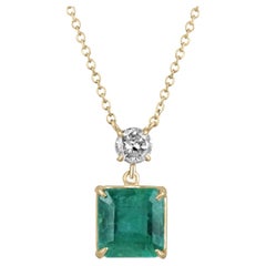 3.50tcw Emerald-Asscher Cut & Champagne Diamond Accent Gold Dangle Necklace 14K
