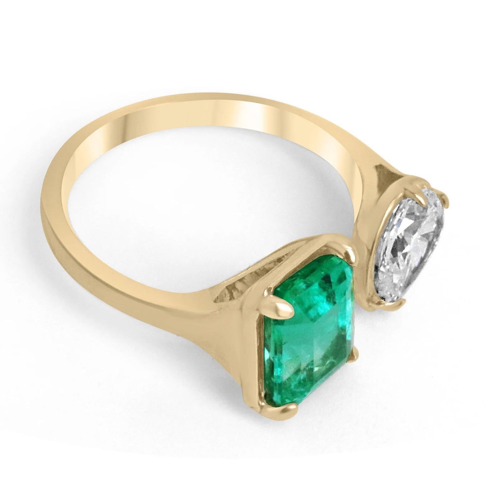This is a stunning solid 18K yellow gold, AAA heirloom Colombian emerald & diamond statement ring or right-hand ring. Absolutely stylish and sleek, ideal as a stand-alone piece or worn with other statement pieces. An emerald-cut Colombian emerald is
