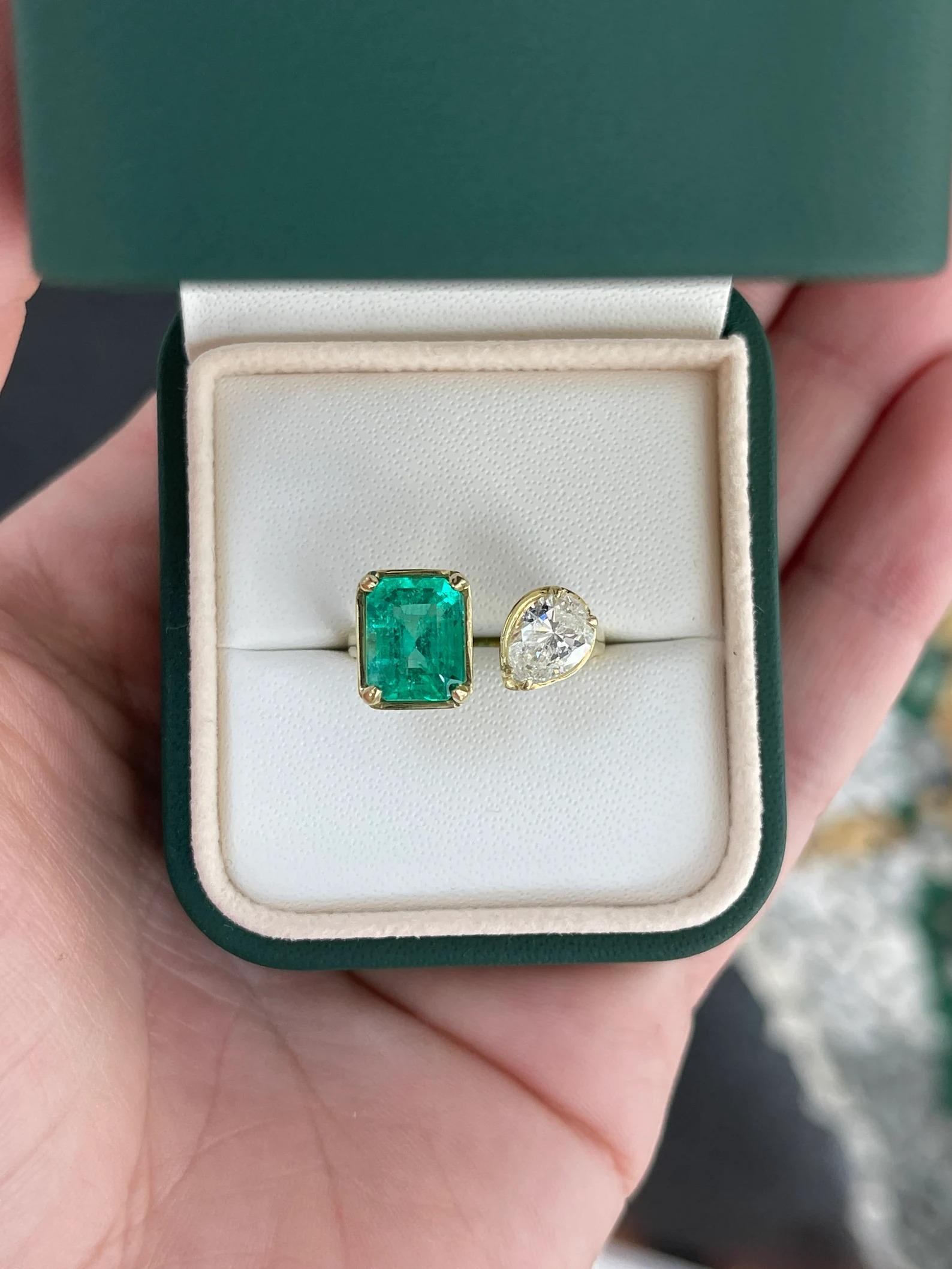 Modern 3.50tcw Two Stone Toi et Moi AAA Colombian Emerald & Pear Diamond Ring 18K