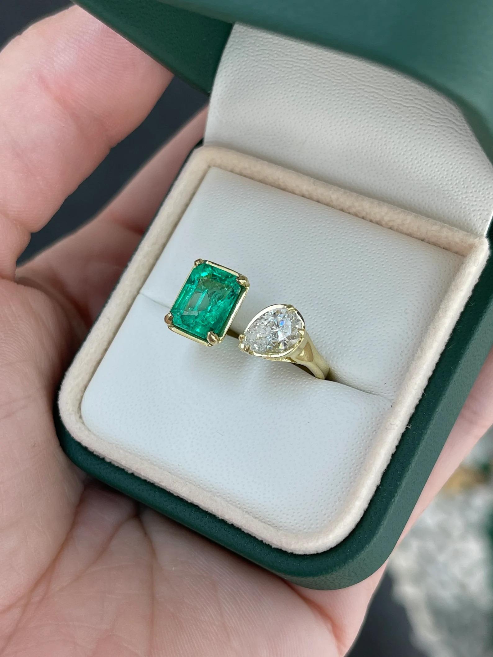 3.50tcw Two Stone Toi et Moi AAA Colombian Emerald & Pear Diamond Ring 18K In New Condition In Jupiter, FL
