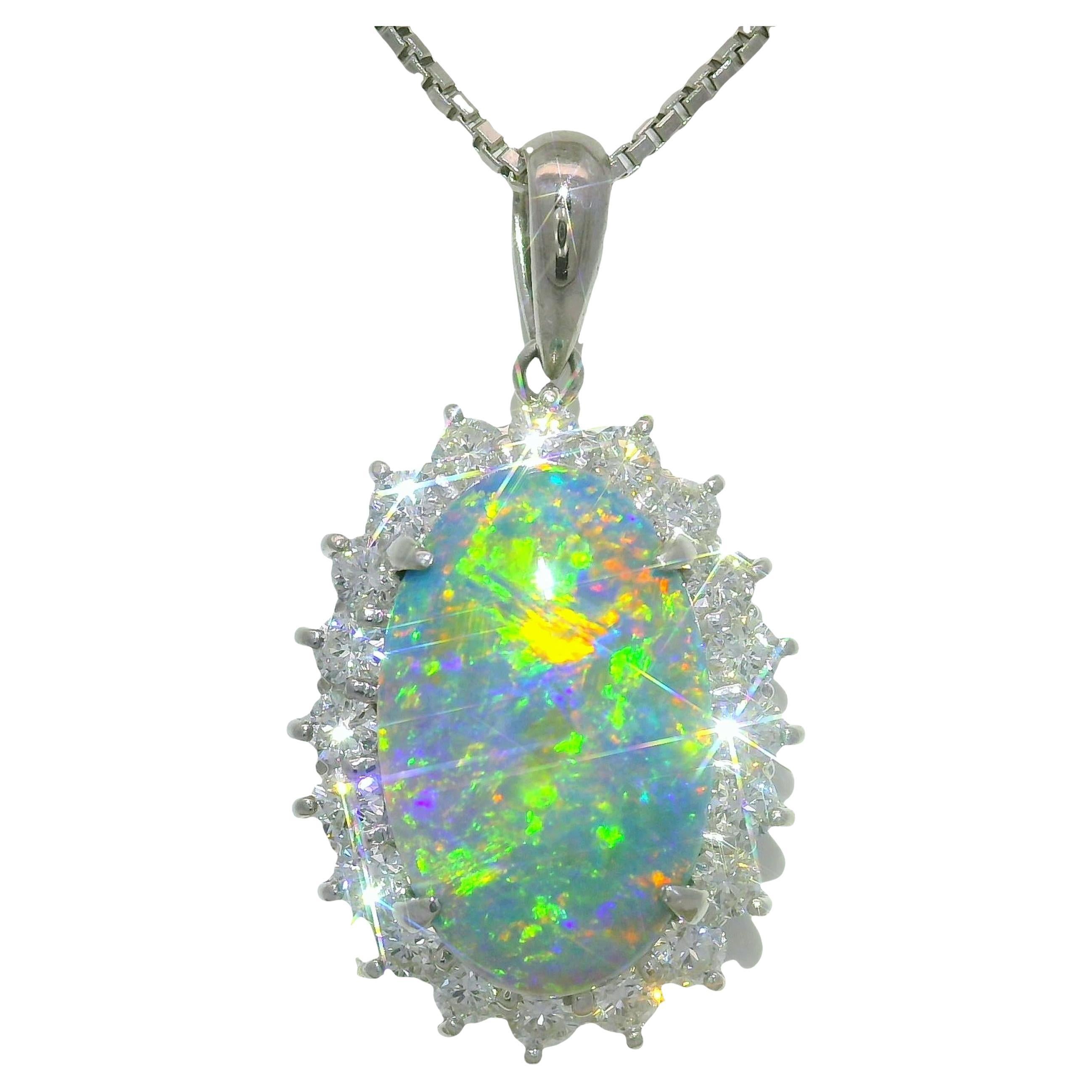 3.51 Carat Australian Black Opal Diamond Platinum Halo Pendant Necklace For Sale