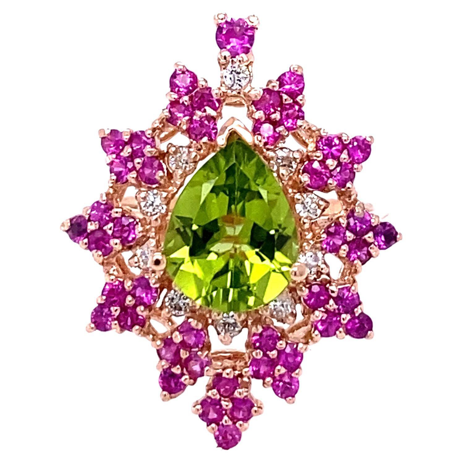 3.51 Carat Natural Peridot Sapphire Diamond Rose Gold Cocktail Ring

This beautiful ring has an Pear Cut Peridot that weighs 2.27 Carats. The ring is surrounded by 45 Pink Sapphires that weigh 1.07 Carats and 10 Round Cut Diamonds that weigh 0.17