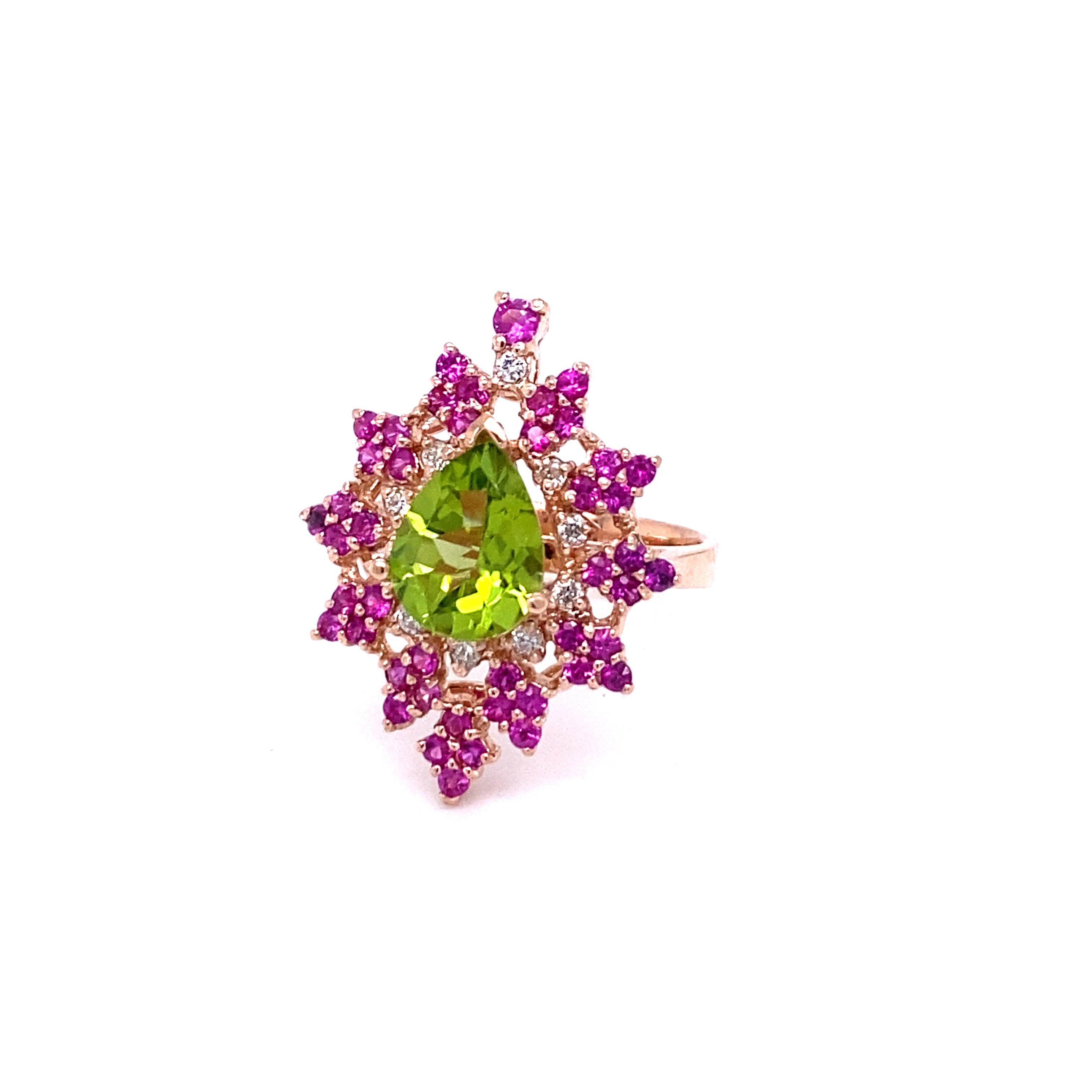 Contemporary 3.51 Carat Natural Peridot Sapphire Diamond Rose Gold Cocktail Ring For Sale