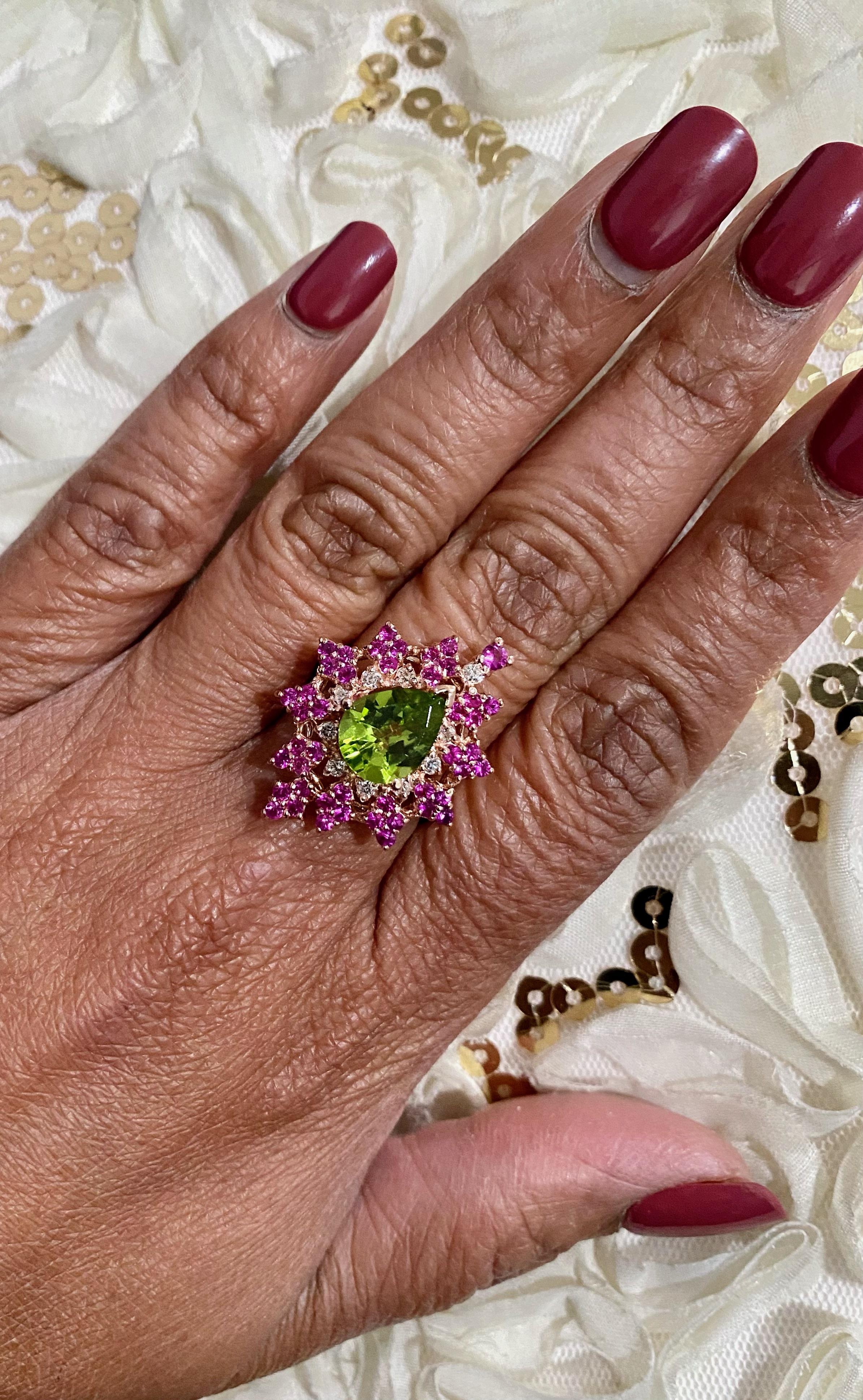 Women's 3.51 Carat Natural Peridot Sapphire Diamond Rose Gold Cocktail Ring For Sale