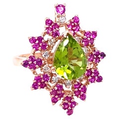 3,51 Karat Natürlicher Peridot Saphir Diamant Rose Gold Cocktail Ring
