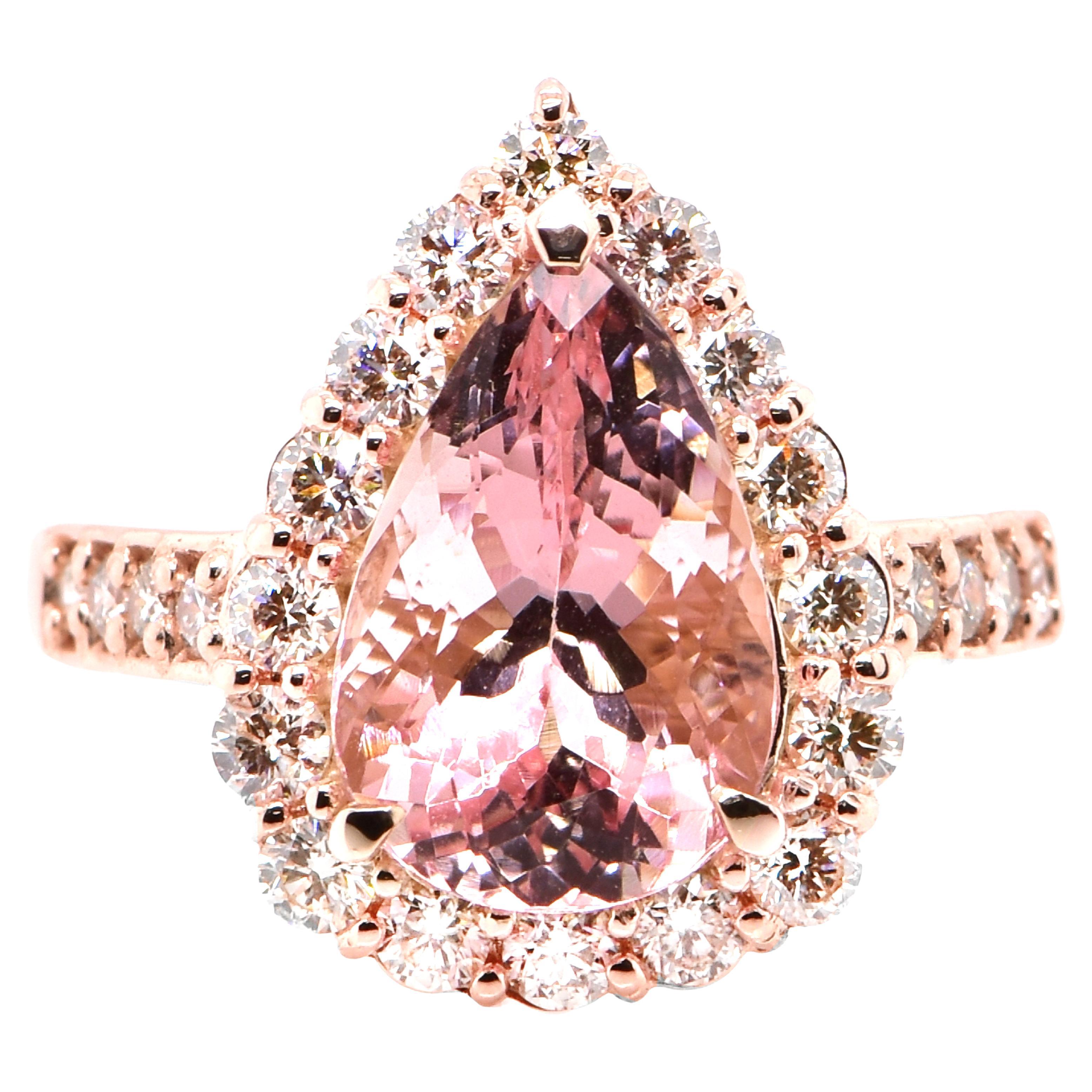 3.51 Carat Natural 'Sakura Pink' Morganite and Diamond Ring Set in 18K Rose Gold For Sale