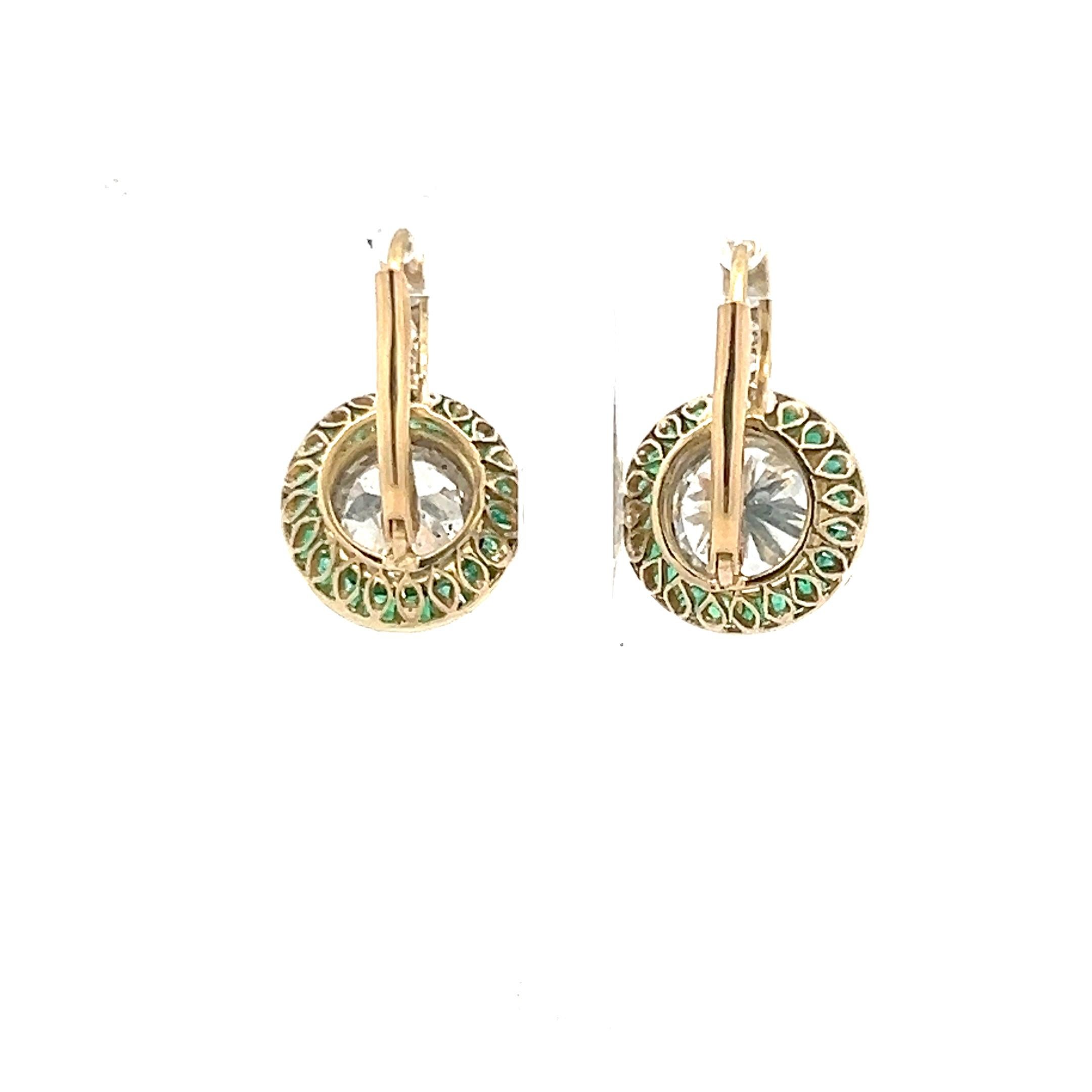 3.51 Carat Old European Cut Diamond 0.60 Carat Emerald 18K Gold-Plat Earrings In Good Condition For Sale In New York, NY