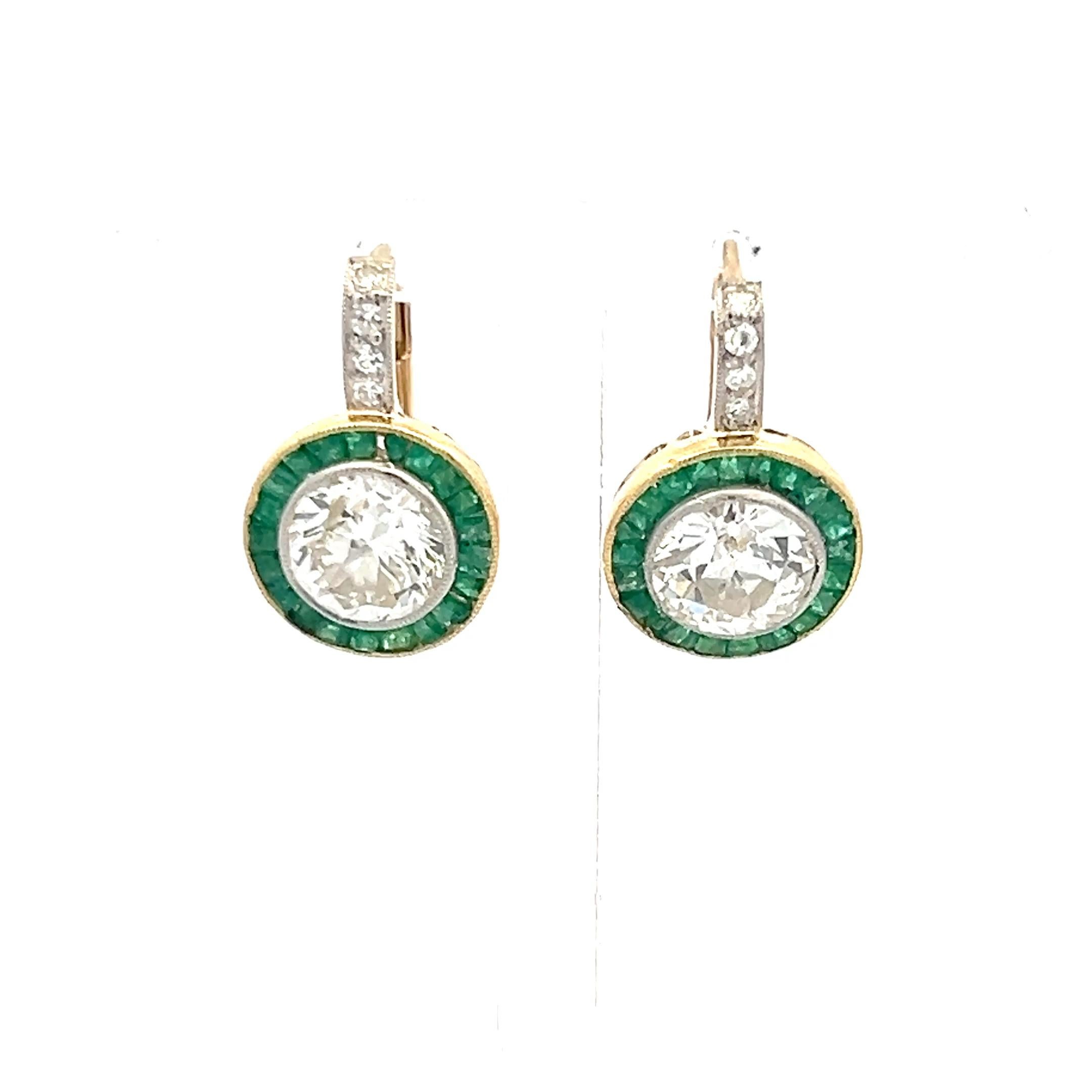 Women's 3.51 Carat Old European Cut Diamond 0.60 Carat Emerald 18K Gold-Plat Earrings For Sale