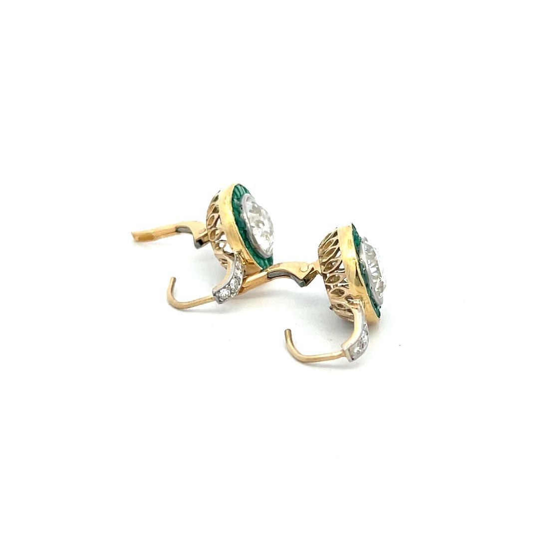3.51 Carat Old European Cut Diamond 0.60 Carat Emerald 18K Gold-Plat Earrings For Sale 5