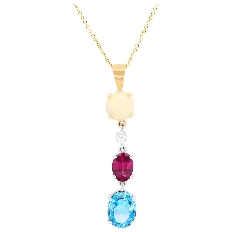 3.51 Carat Oval MultiColor Gemstone and Round Diamond Pendant 14 Karat