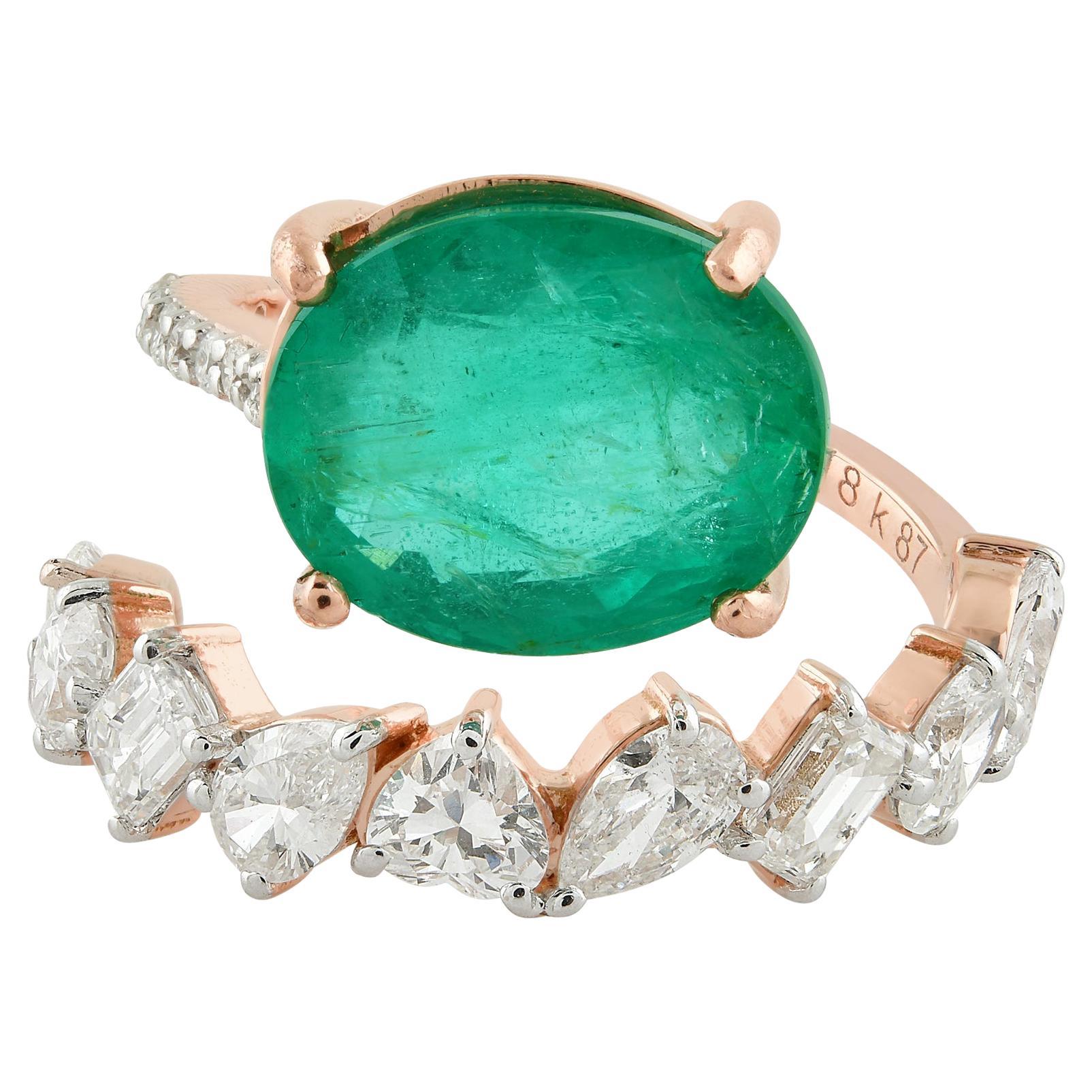 3.51 Carat Oval Natural Emerald Wrap Ring 1.65 Carat Diamond 18 Karat Rose Gold