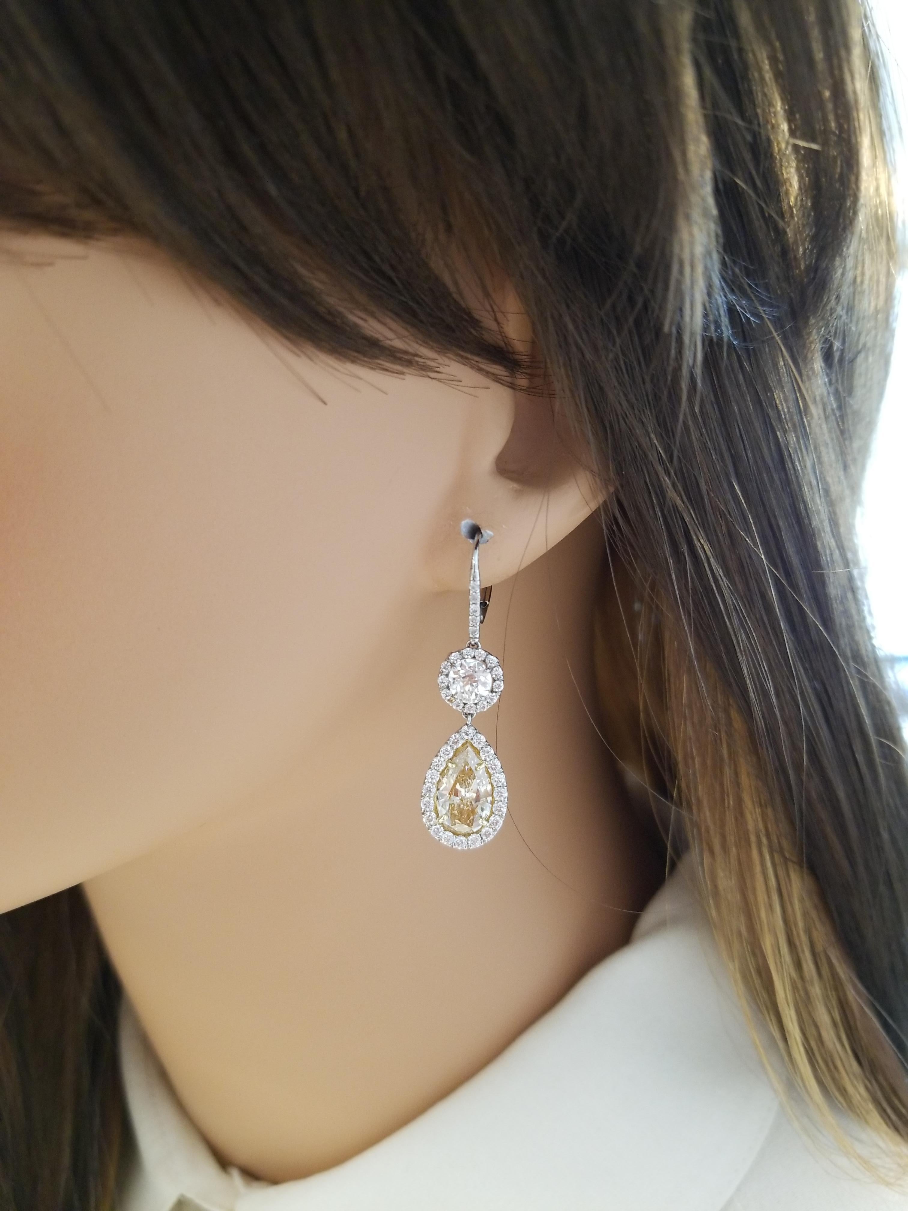 3.15 Carat Pear Shape Fancy Yellow Diamond Dangle Earrings in Platinum 1