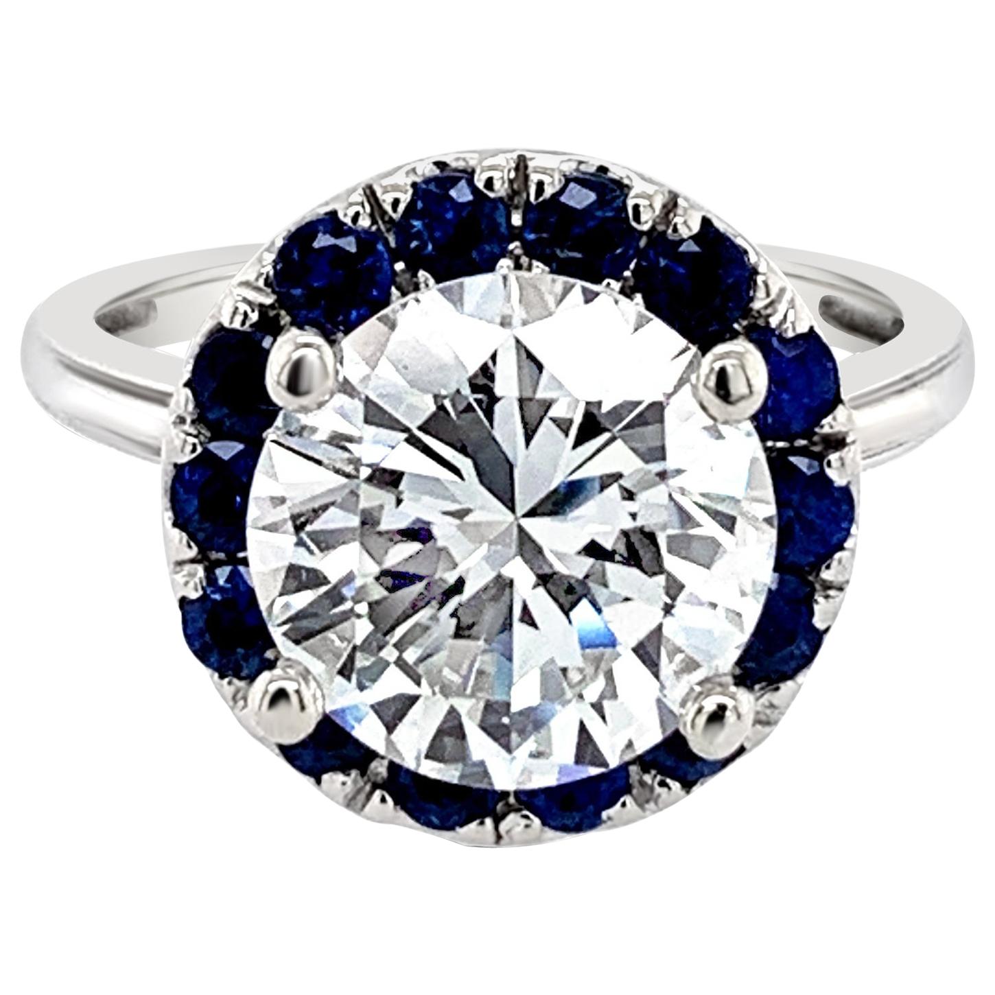 3.51 Carat Round Brilliant Diamond Sapphire Halo Ring