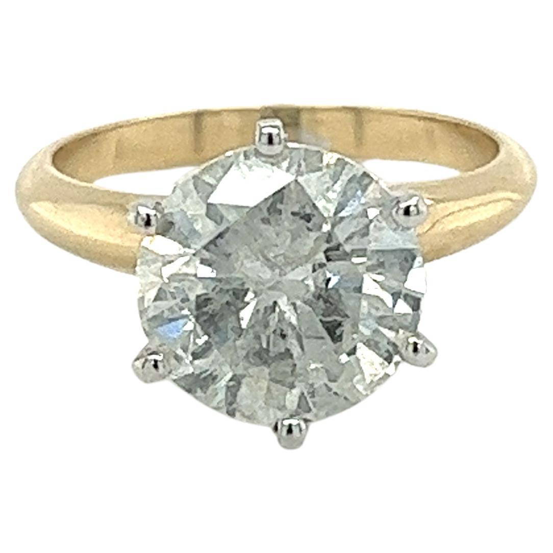 3.51 Carat Round Cut Diamond Solitaire 18K Gold Two Tone Engagement Ring For Sale