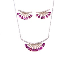 3.51 Carat Ruby Diamond Gold Earring and Necklace Set
