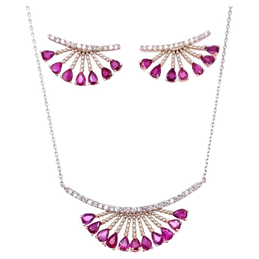 3.51 Carat Ruby Diamond Gold Earring and Necklace Set For Sale