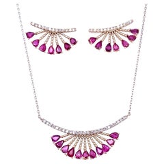 3.51 Carat Ruby Diamond Gold Earring and Necklace Set