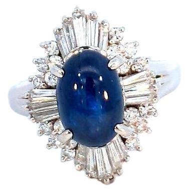 3.51 Carat Sapphire Cabochon 0.58 Carat Diamond Ring in Platinum For Sale