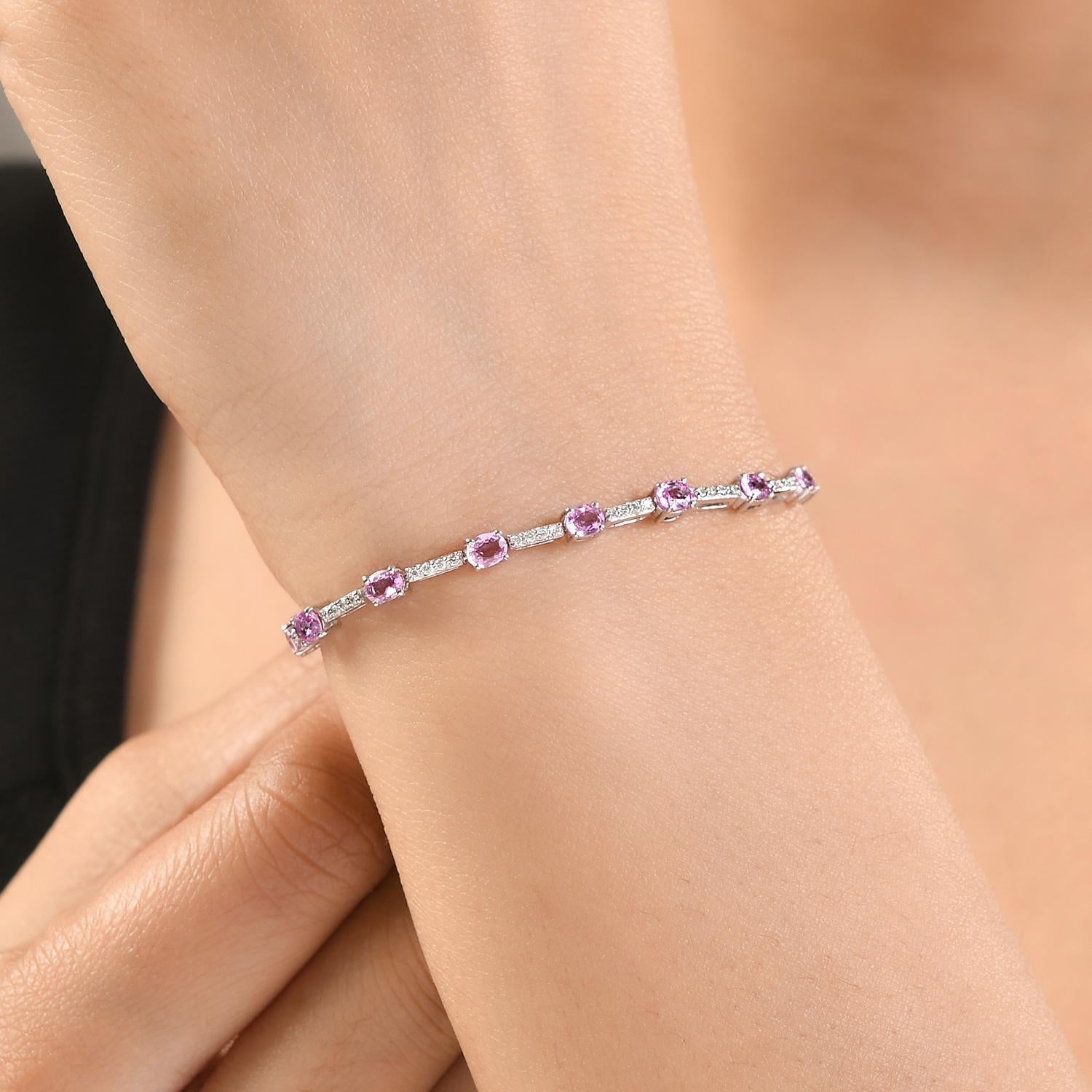 3.51 CTW Zafiro Rosa Pulsera de Boda con Diamantes de Oro Blanco de 14k Corte oval en venta