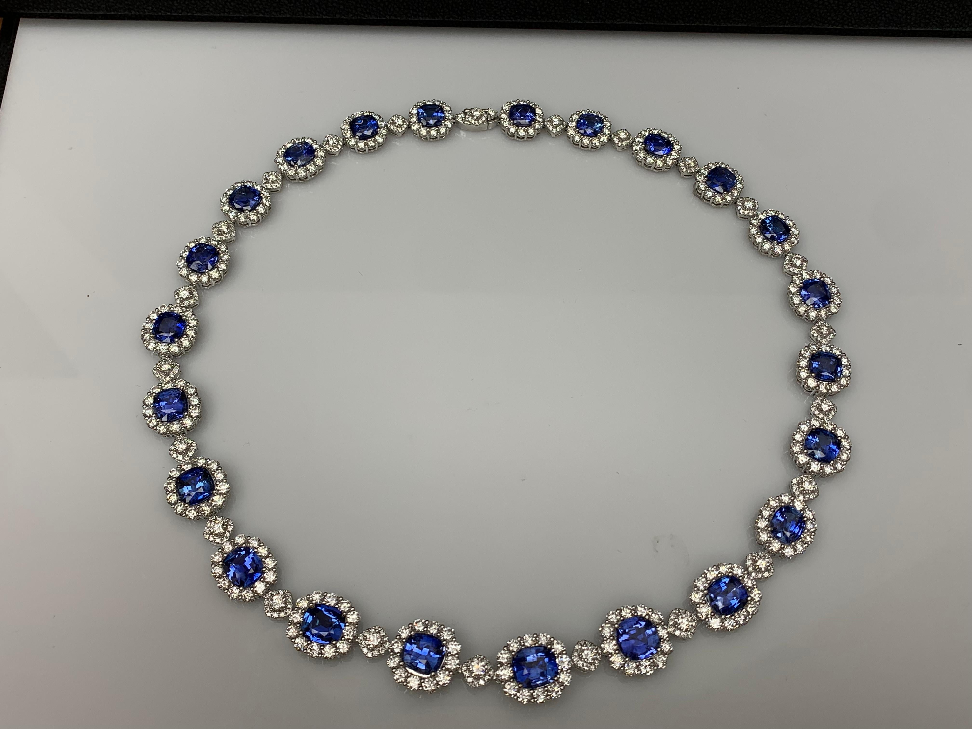 35.11 Carat Cushion Cut Blue Sapphire and Diamond Necklace in 18K White Gold For Sale 5