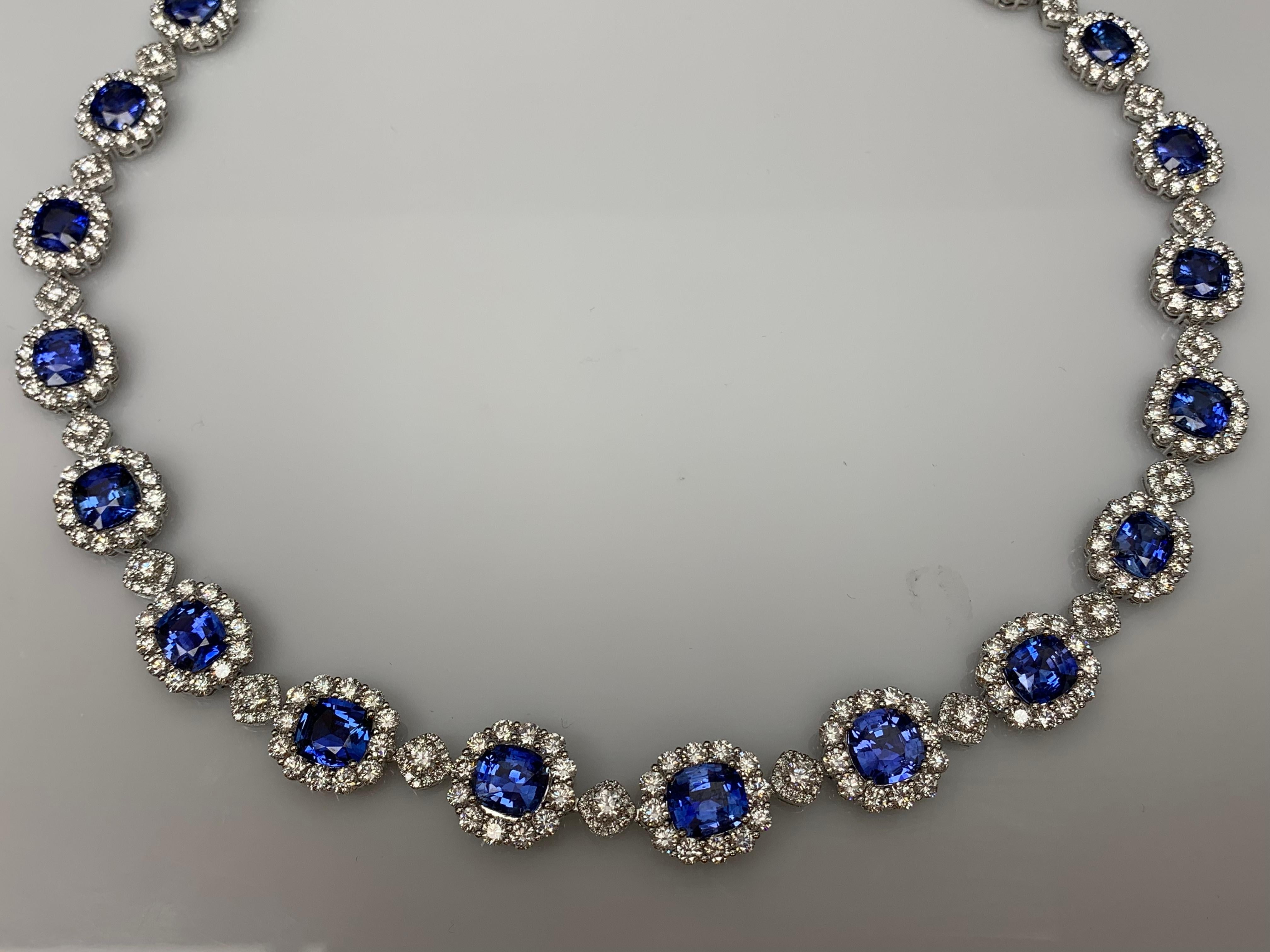 35.11 Carat Cushion Cut Blue Sapphire and Diamond Necklace in 18K White Gold For Sale 6