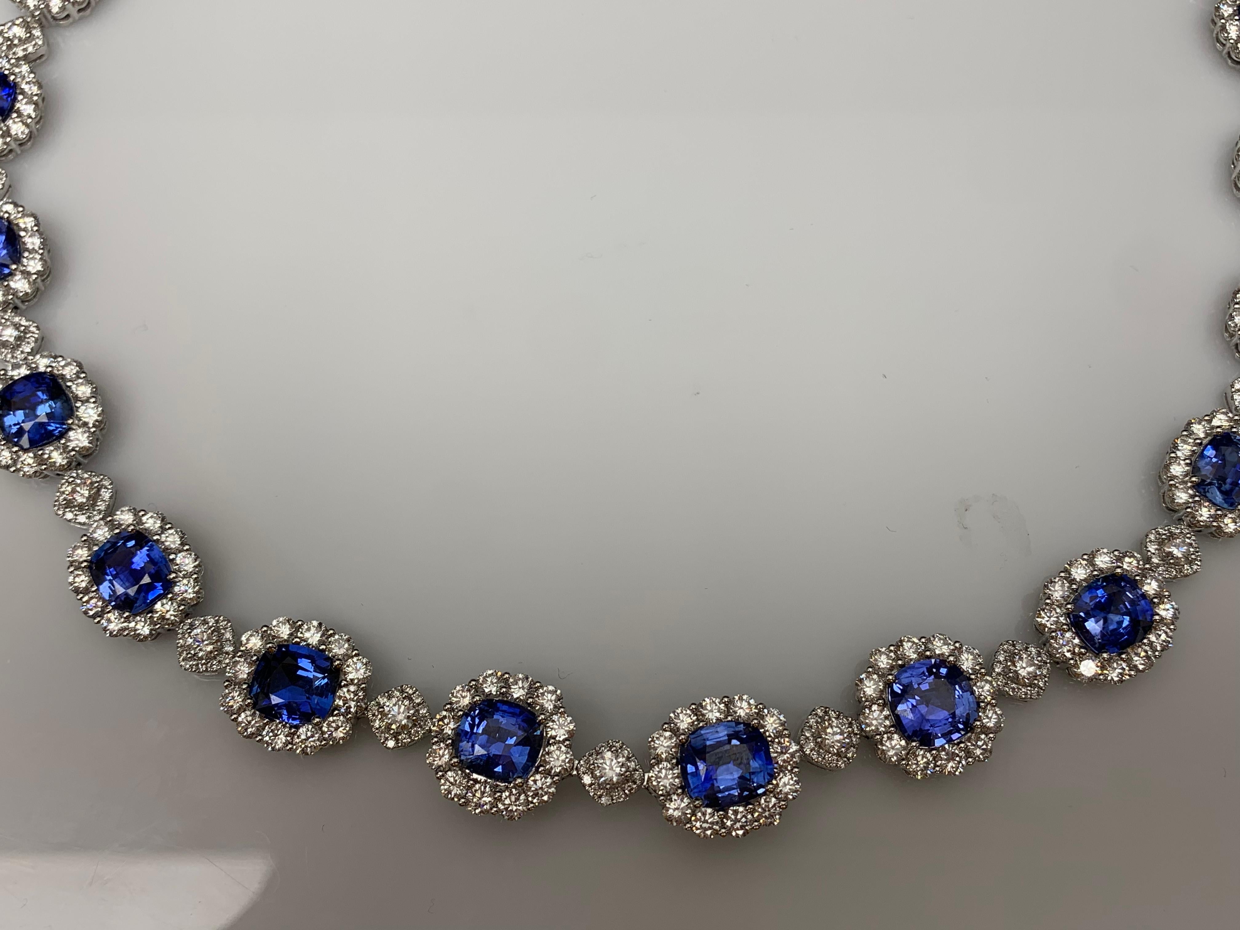 35.11 Carat Cushion Cut Blue Sapphire and Diamond Necklace in 18K White Gold For Sale 7
