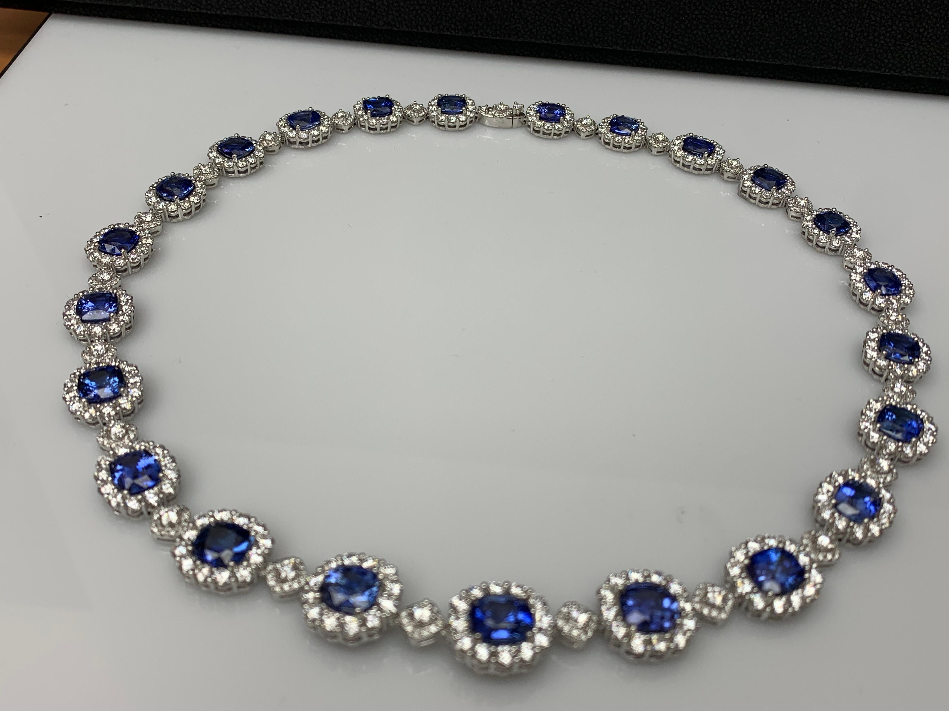 35.11 Carat Cushion Cut Blue Sapphire and Diamond Necklace in 18K White Gold For Sale 8